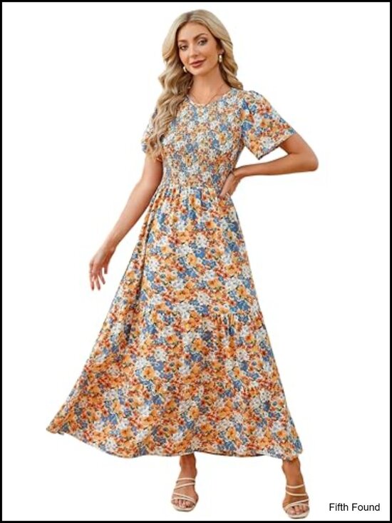 Dresses & Skirts - Women Floral Smocked Maxi Dress Flutter Sleeve Tiered Boho Casual Sundress Party